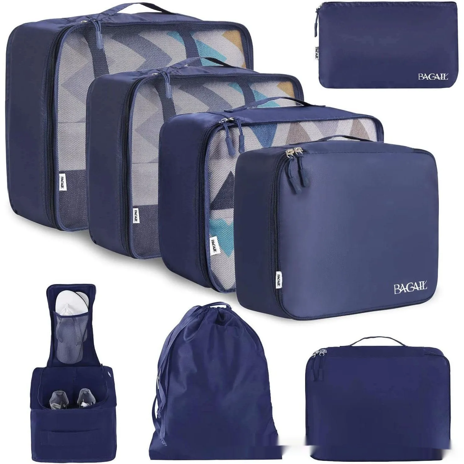 Set of eight cubic packing organisers in assorted solid colours including beige, black, and pink.