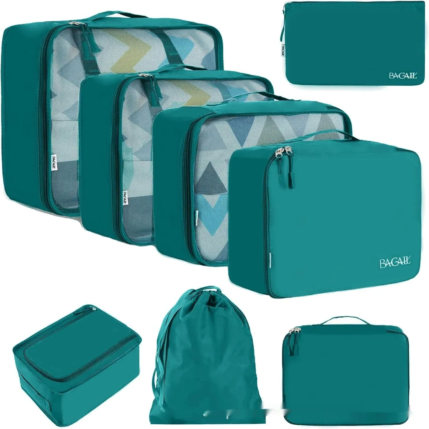 Set of eight cubic packing organisers in assorted solid colours including beige, black, and pink.