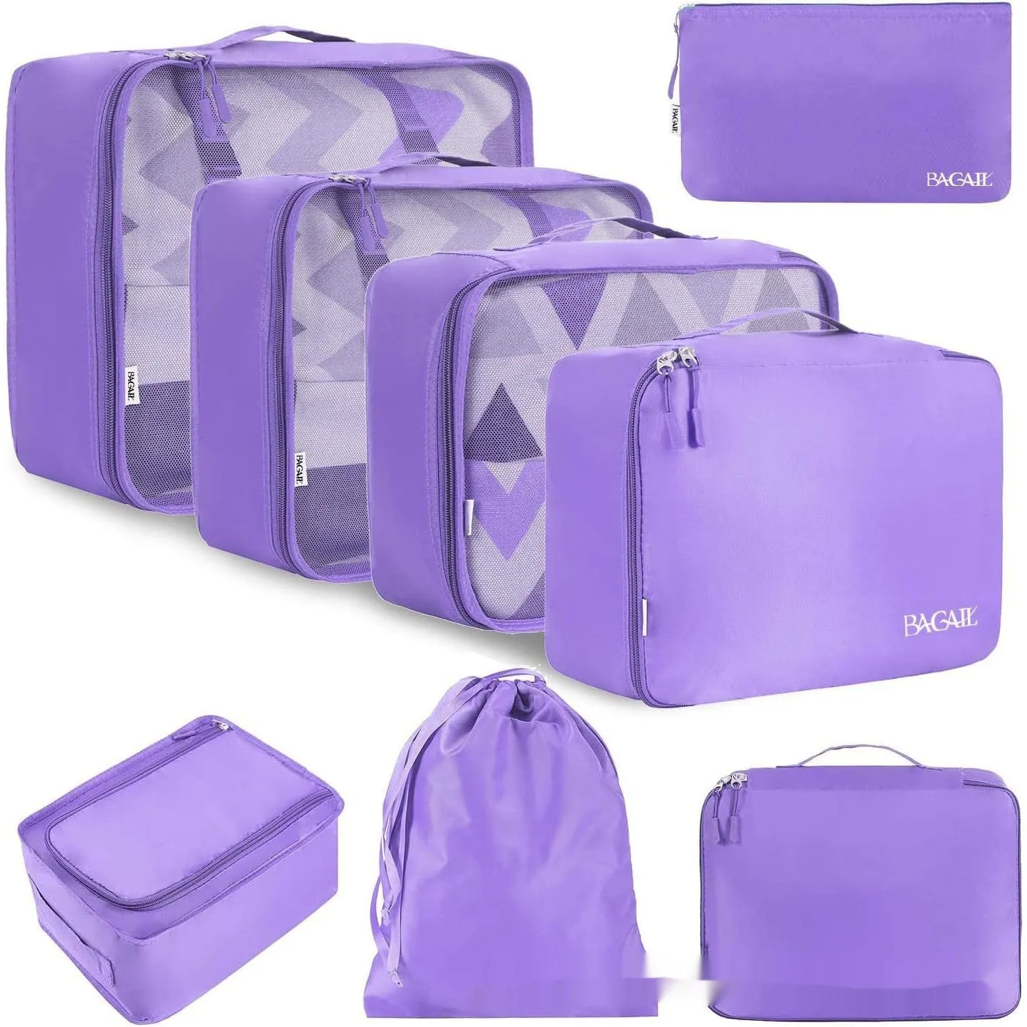 Set of eight cubic packing organisers in assorted solid colours including beige, black, and pink.
