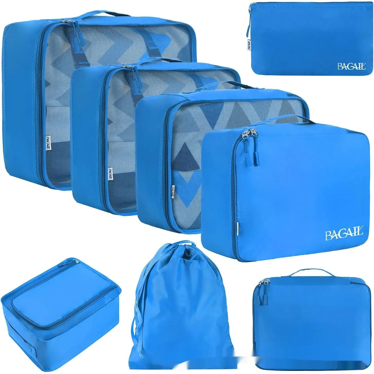Set of eight cubic packing organisers in assorted solid colours including beige, black, and pink.