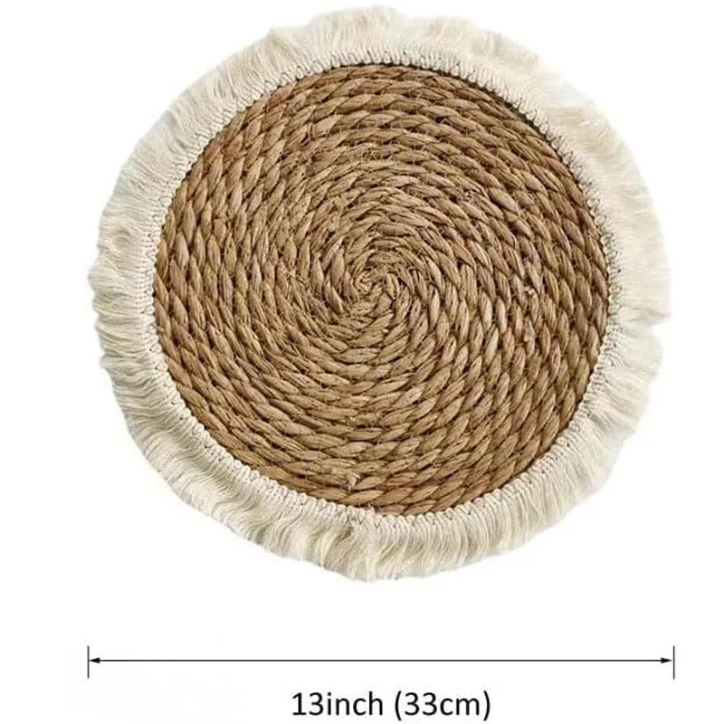 Round Japanese straw placemat with tassel edge on dining table