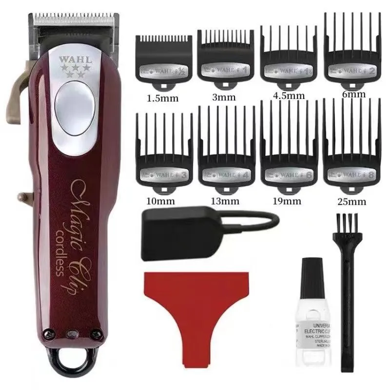 Charging hair clippers with stainless steel cutter head and EU, UK, US plug adapters for adults and children