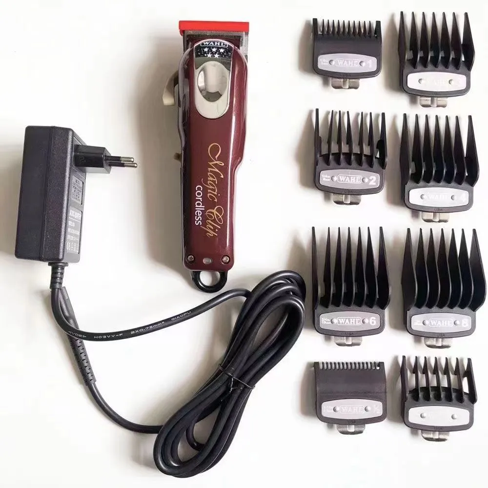 Charging hair clippers with stainless steel cutter head and EU, UK, US plug adapters for adults and children