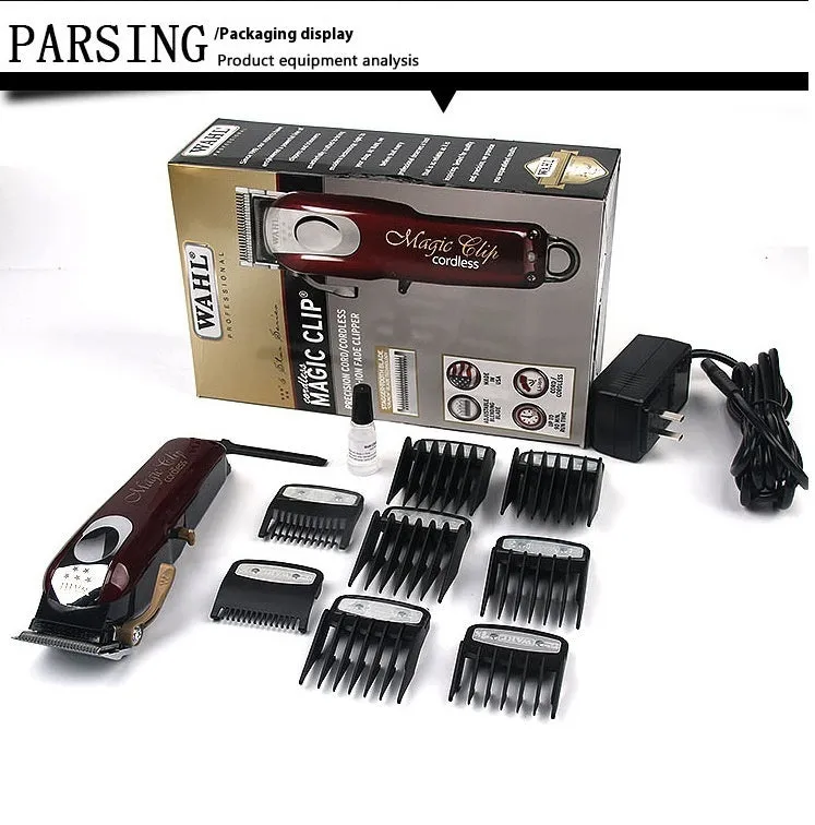 Charging hair clippers with stainless steel cutter head and EU, UK, US plug adapters for adults and children