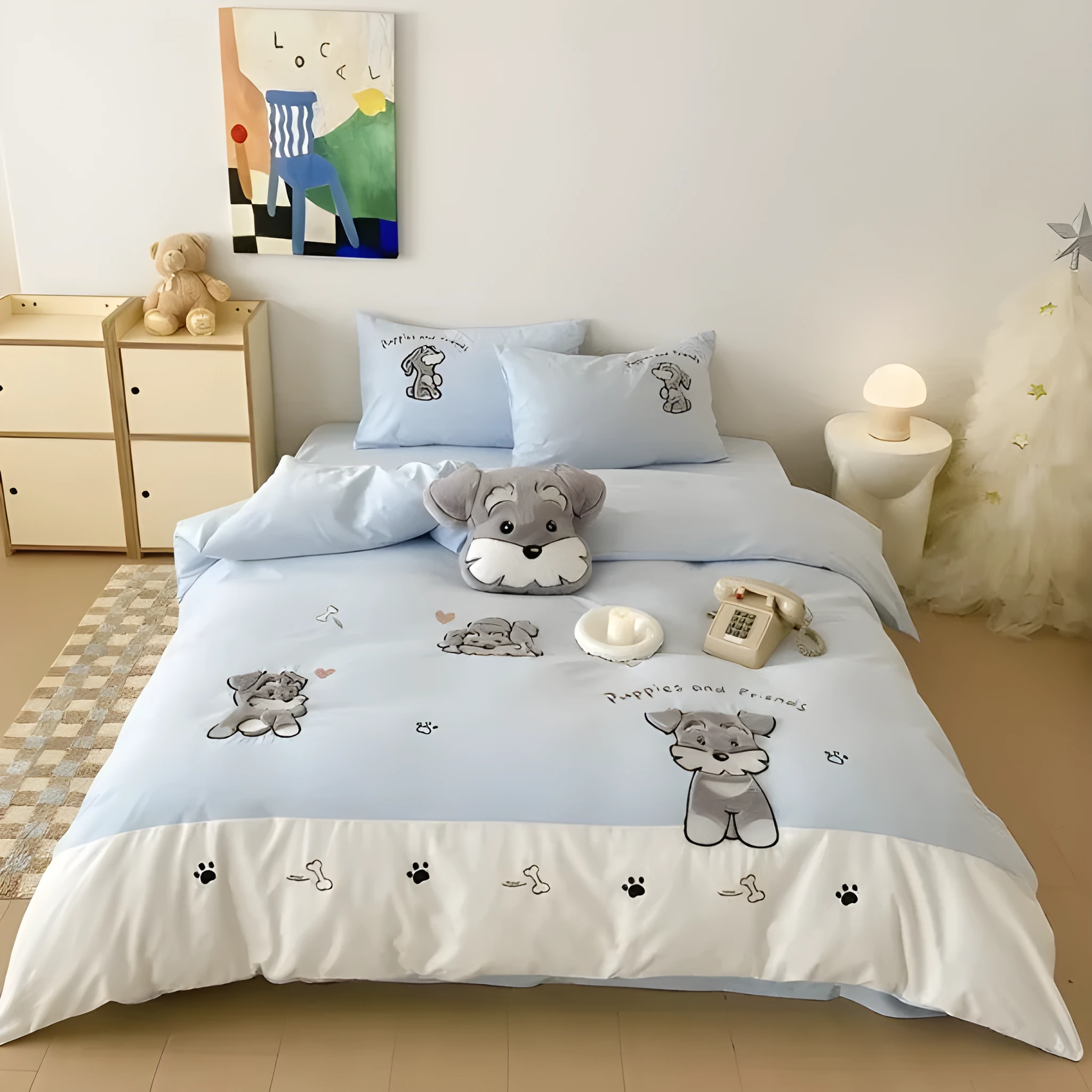 Schnauzer dog cartoon pattern embroidered on a complete thickened cotton bedding set showing quilt cover and pillowcases.