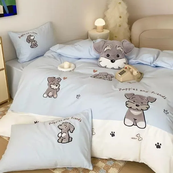 Schnauzer dog cartoon pattern embroidered on a complete thickened cotton bedding set showing quilt cover and pillowcases.