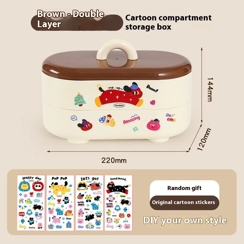 Cartoon-style plastic desktop organiser with grid compartments and red or brown stickers.