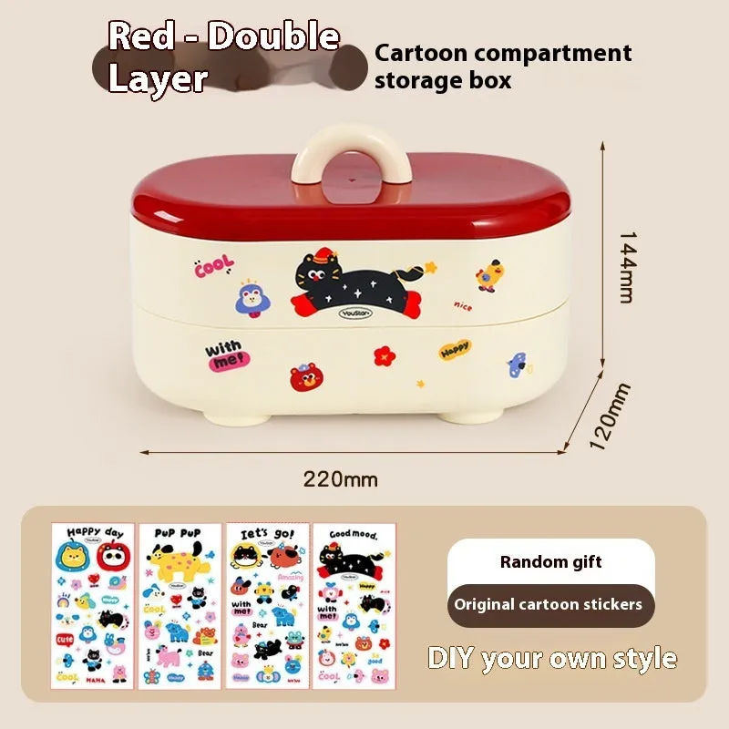 Cartoon-style plastic desktop organiser with grid compartments and red or brown stickers.