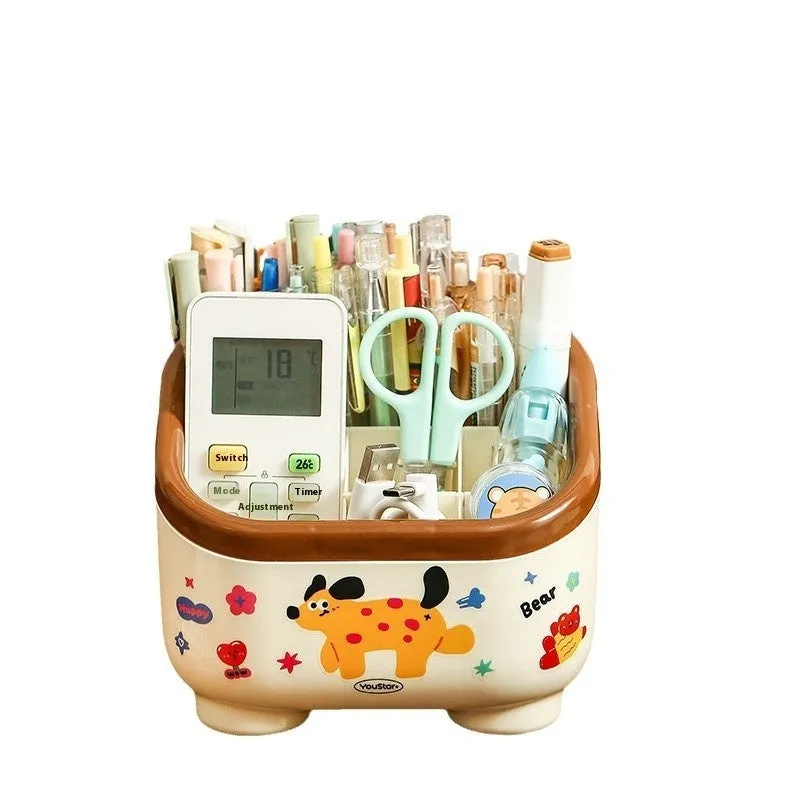 Cartoon-style plastic desktop organiser with grid compartments and red or brown stickers.