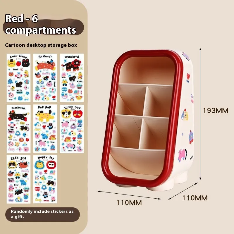 Cartoon-style plastic desktop organiser with grid compartments and red or brown stickers.