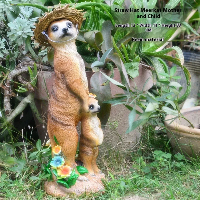 Straw hat mongoose garden ornament with mother and baby figures