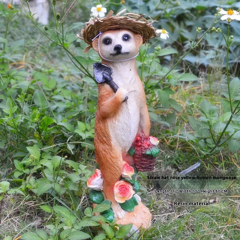 Straw hat mongoose garden ornament with mother and baby figures