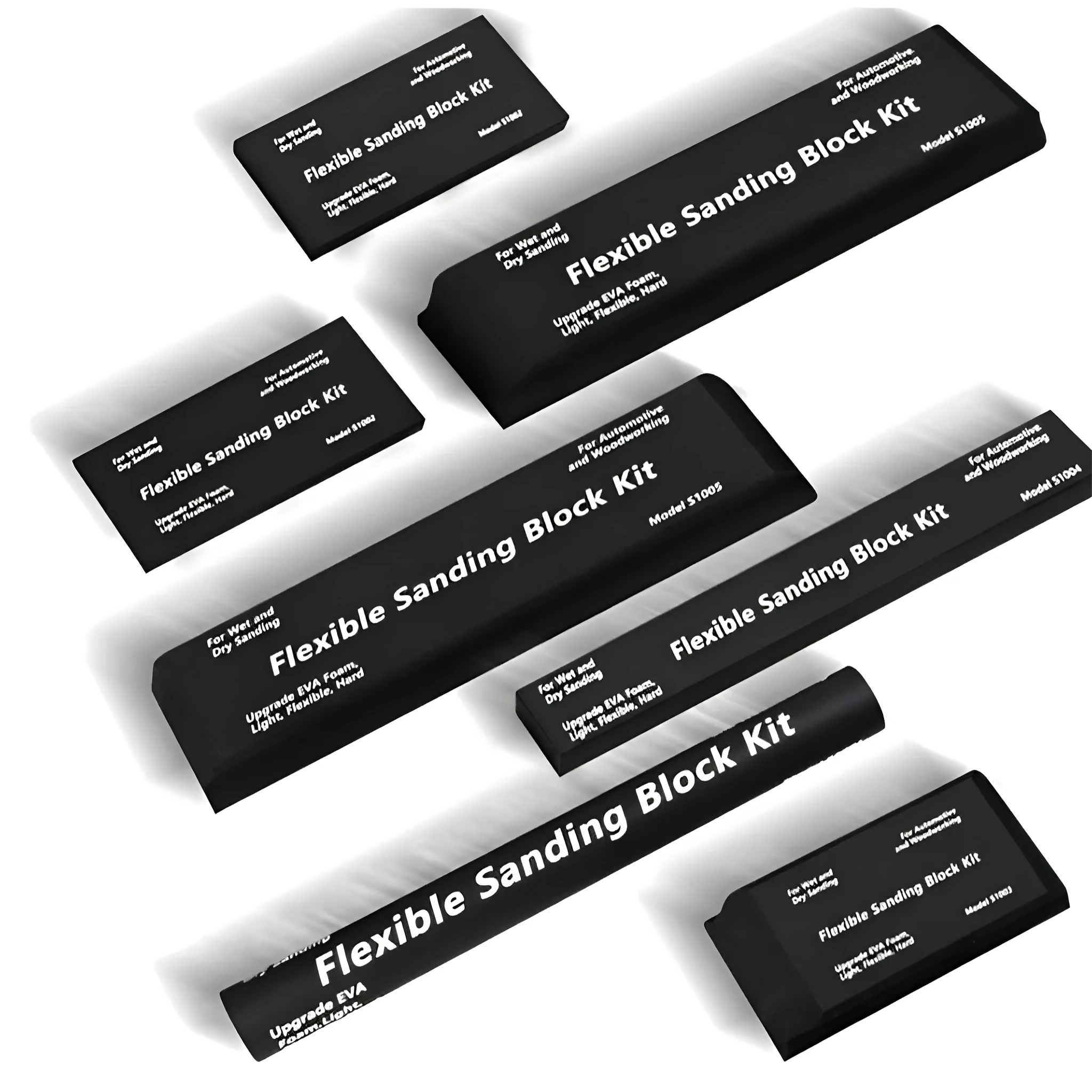 Seven black frosted metal building blocks arranged for architectural model assembly
