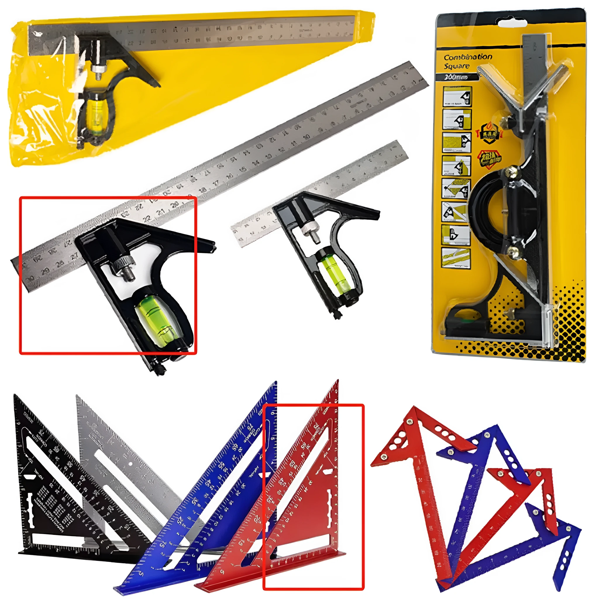 Red metal combination angle ruler for civil engineering surveying with metric markings