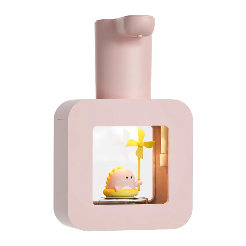 Yellow automatic soap dispenser for kids with unicorn cartoon design on a bathroom counter.