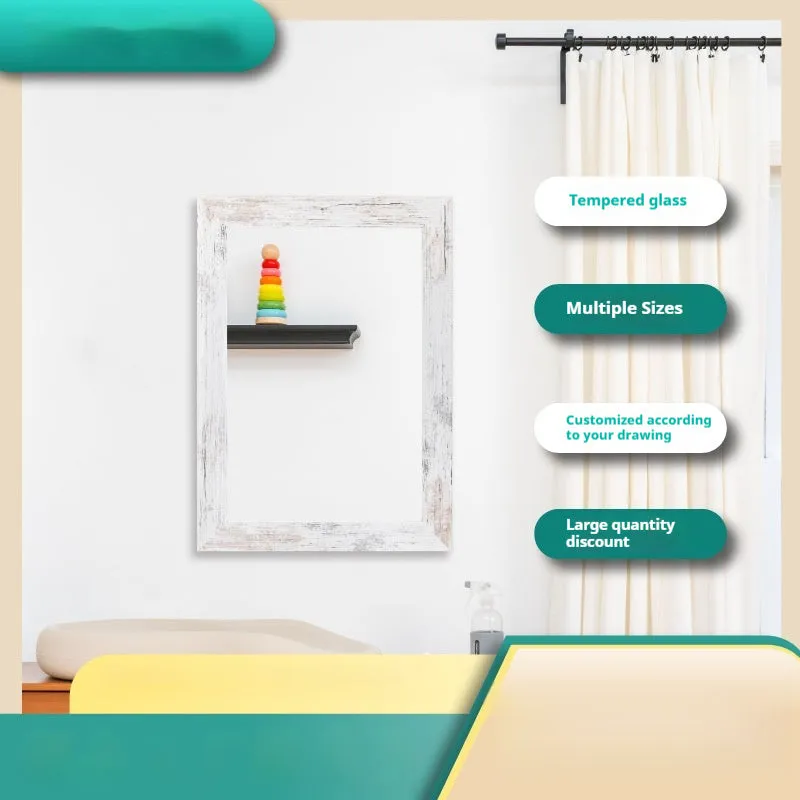 Wall-mounted modern pastoral bathroom dressing mirror with retro Chinese style MDF frame in Little White