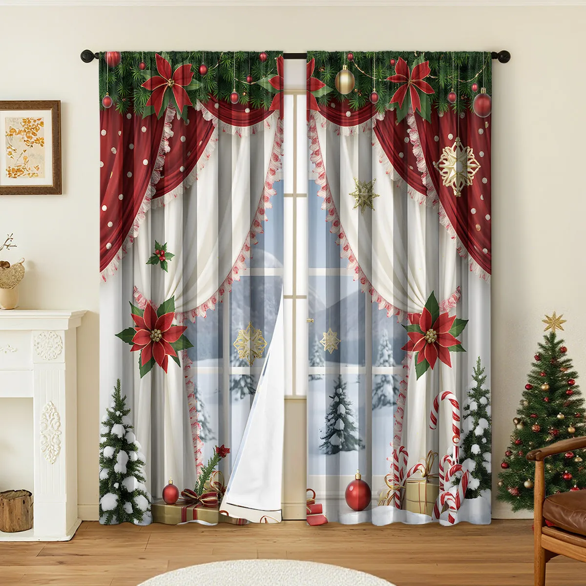 3D digitally printed Christmas curtains pair showing textured festive pattern on polyester fabric