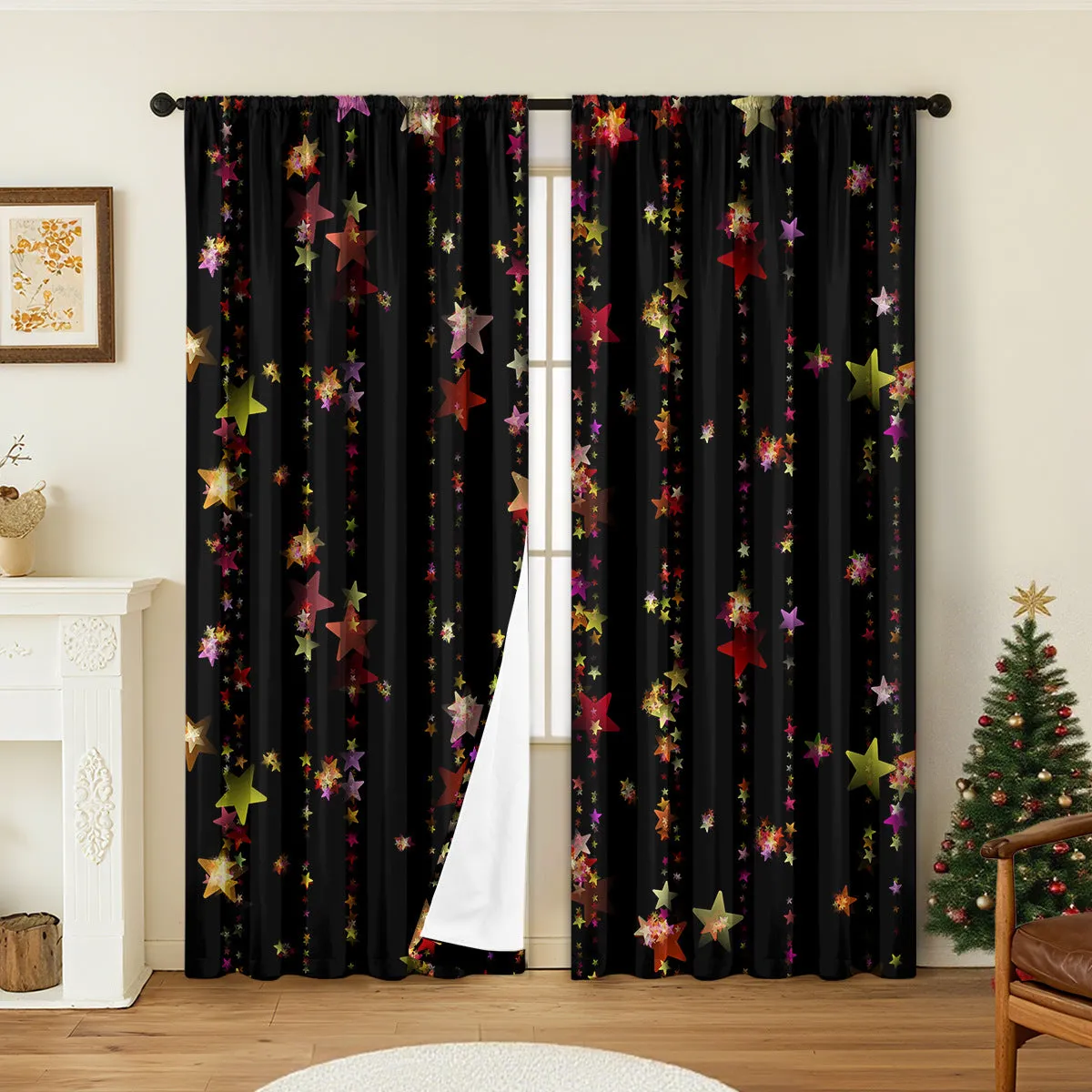 3D digitally printed Christmas curtains pair showing textured festive pattern on polyester fabric