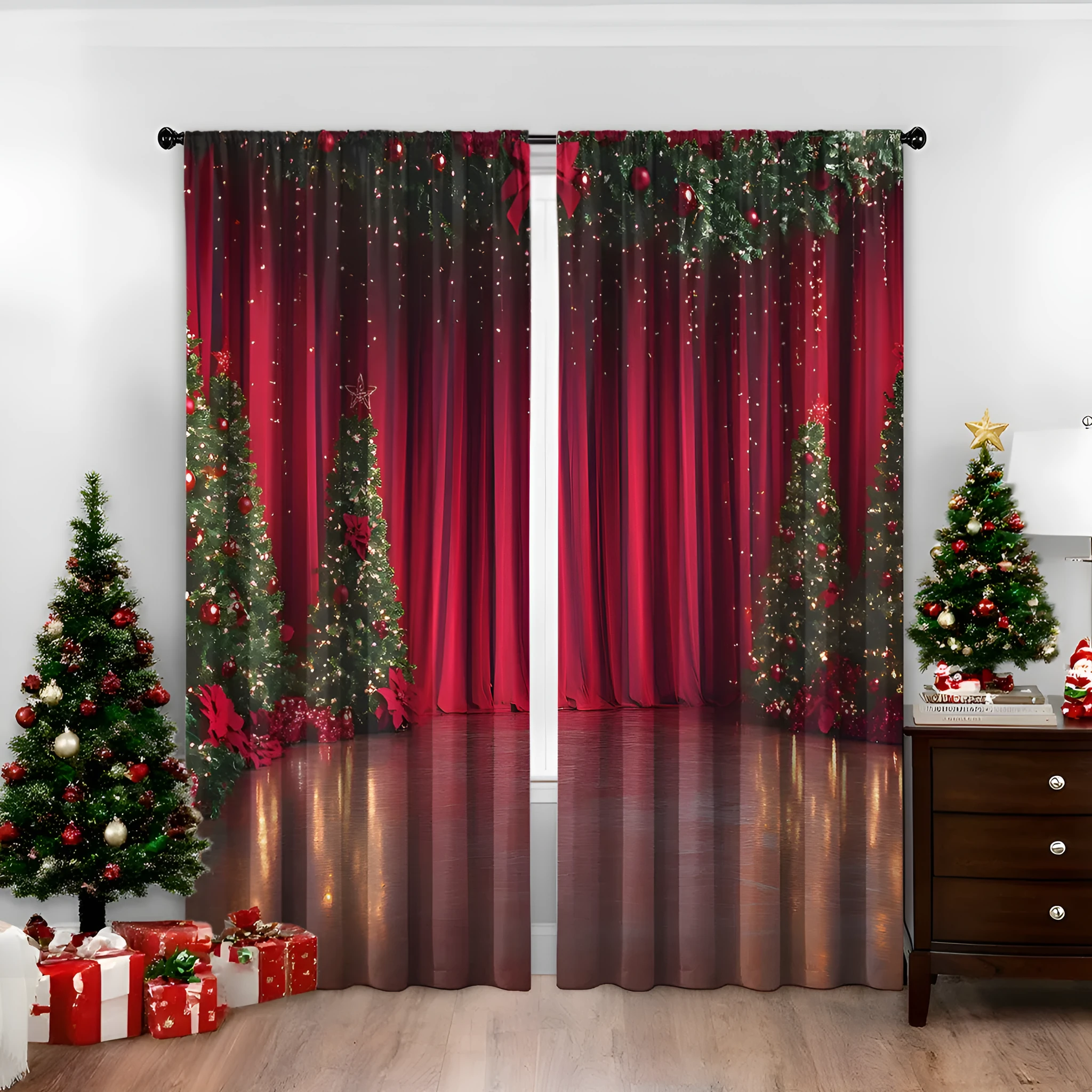 3D digitally printed Christmas curtains pair showing textured festive pattern on polyester fabric