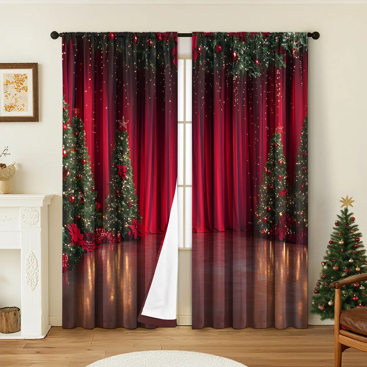 3D digitally printed Christmas curtains pair showing textured festive pattern on polyester fabric