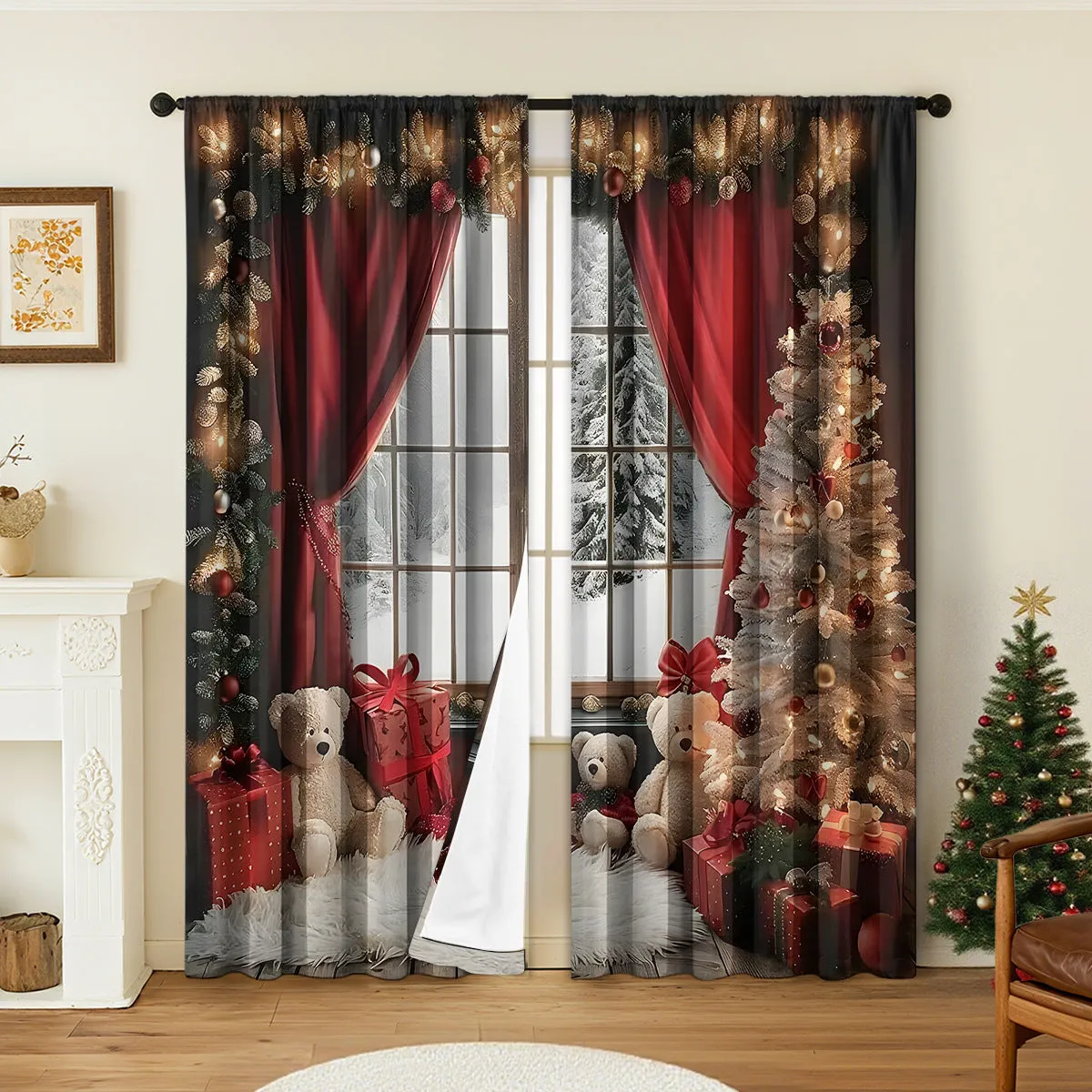 3D digitally printed Christmas curtains pair showing textured festive pattern on polyester fabric