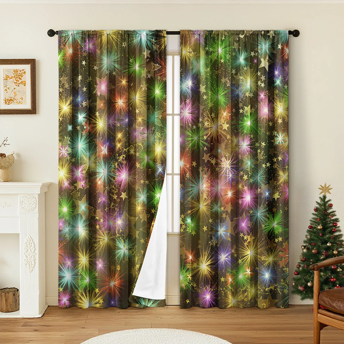 3D digitally printed Christmas curtains pair showing textured festive pattern on polyester fabric