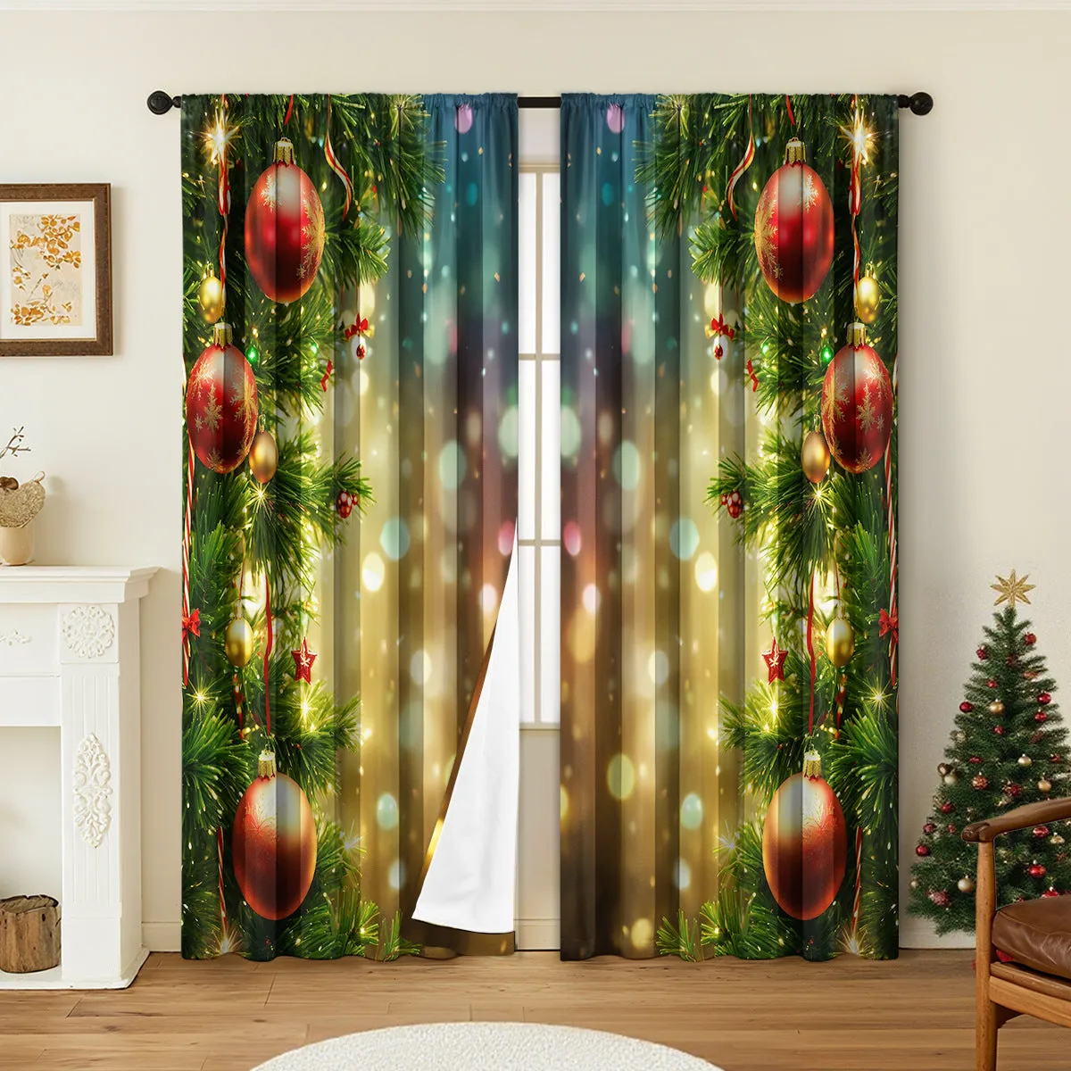 3D digitally printed Christmas curtains pair showing textured festive pattern on polyester fabric
