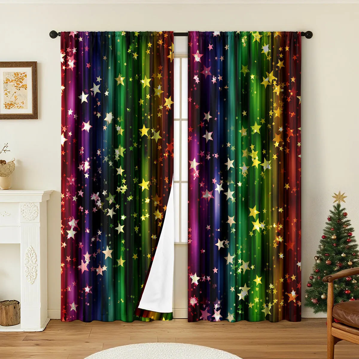 3D digitally printed Christmas curtains pair showing textured festive pattern on polyester fabric