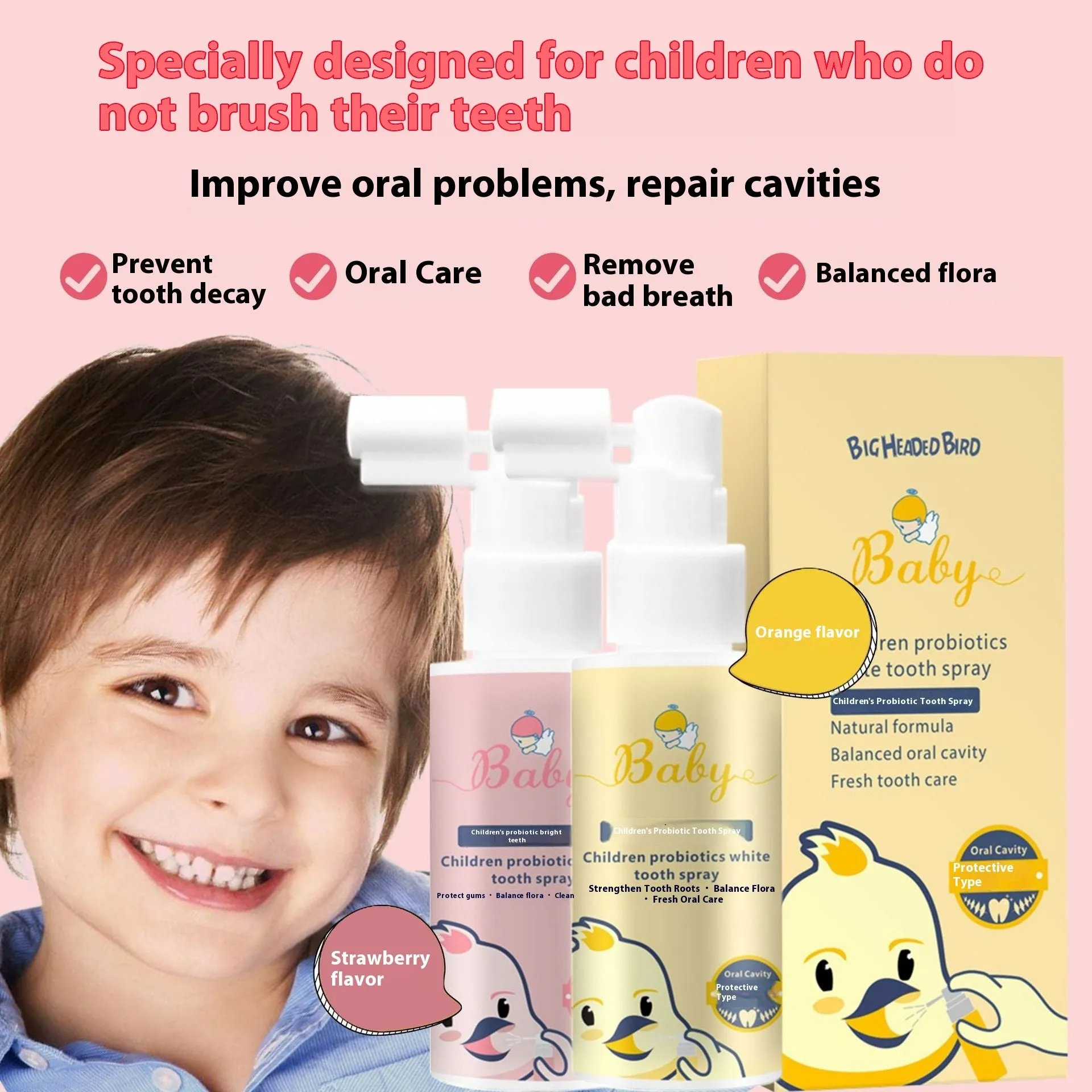 Children's probiotics anticavity oral spray bottle 40ml with strawberry and orange flavour options