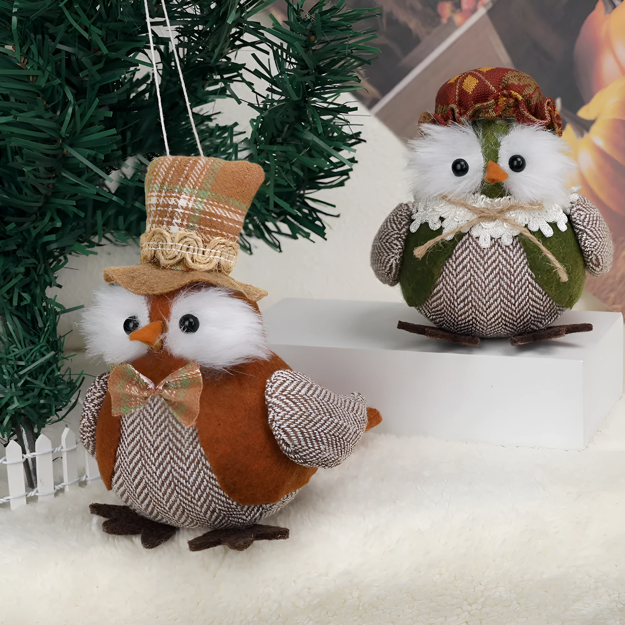 Orange and green owl harvest bird pendant ornament for Thanksgiving window or desktop decoration