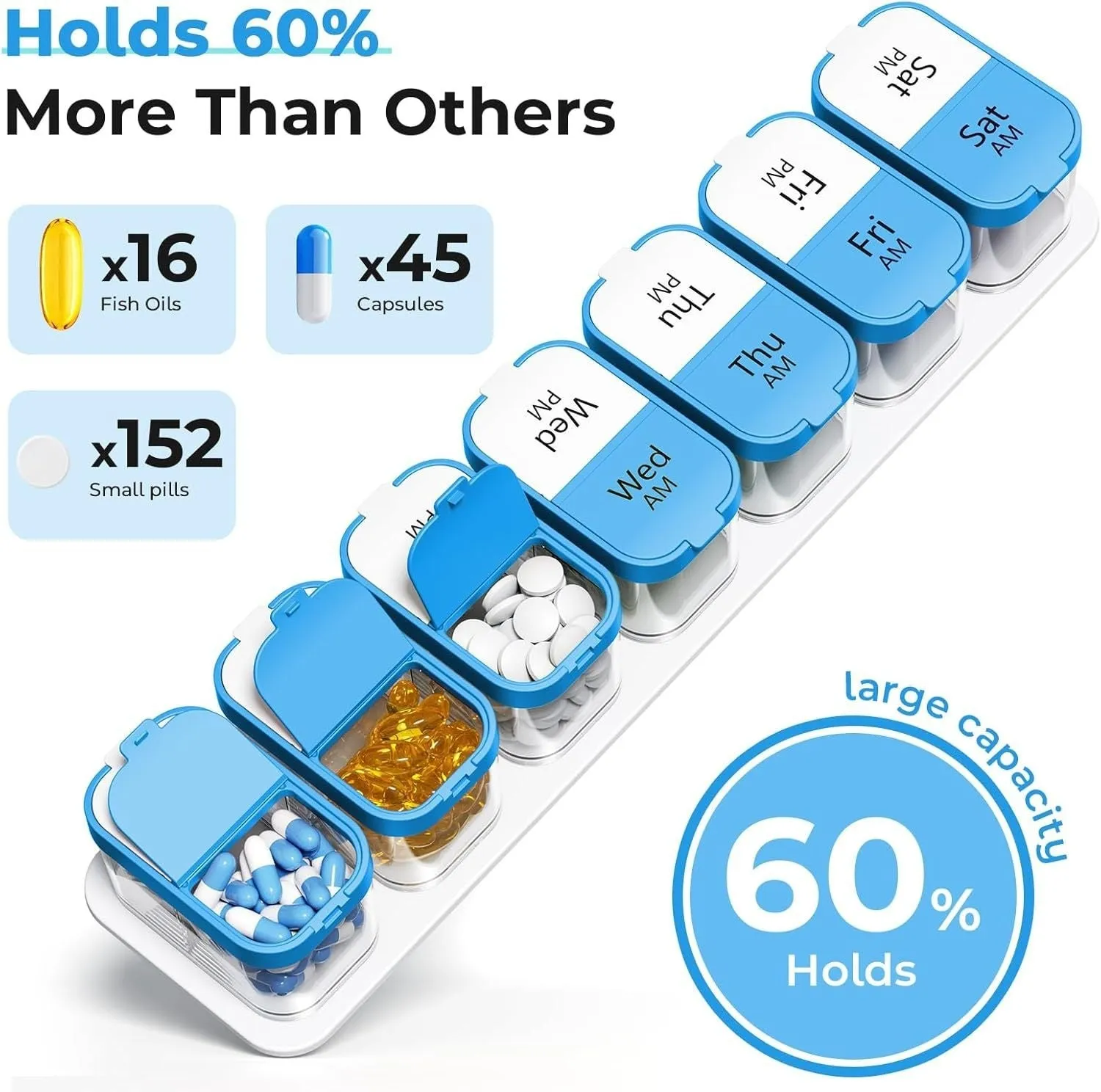 Large white and rainbow coloured plastic pill box with 14 removable compartments open on a table.