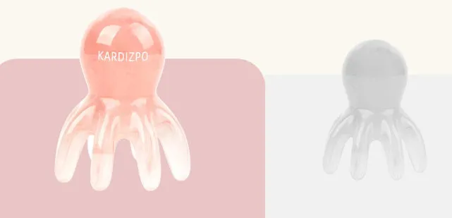 Pink octopus-shaped massage comb for periocular meridian acupressure with curved arms and storage bag