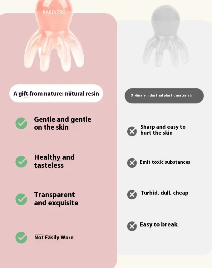 Pink octopus-shaped massage comb for periocular meridian acupressure with curved arms and storage bag