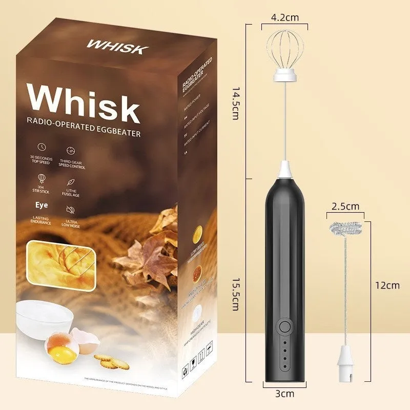 Mini handheld electric milk frother in black, white, or khaki colour with a stainless steel whisk and USB port.