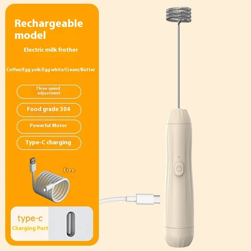 Mini handheld electric milk frother in black, white, or khaki colour with a stainless steel whisk and USB port.