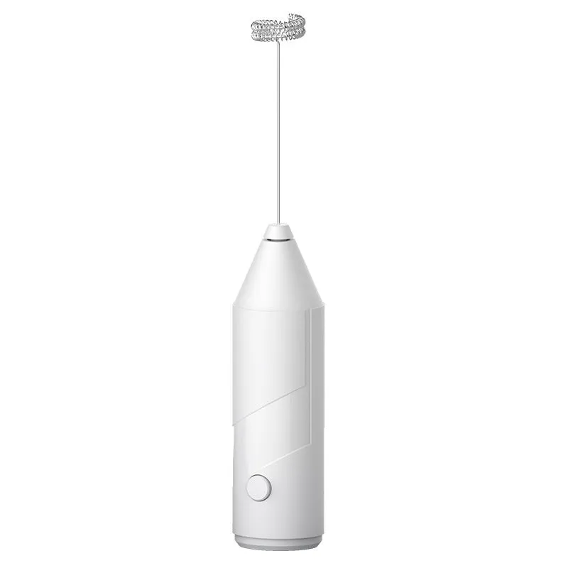 Mini handheld electric milk frother in black, white, or khaki colour with a stainless steel whisk and USB port.