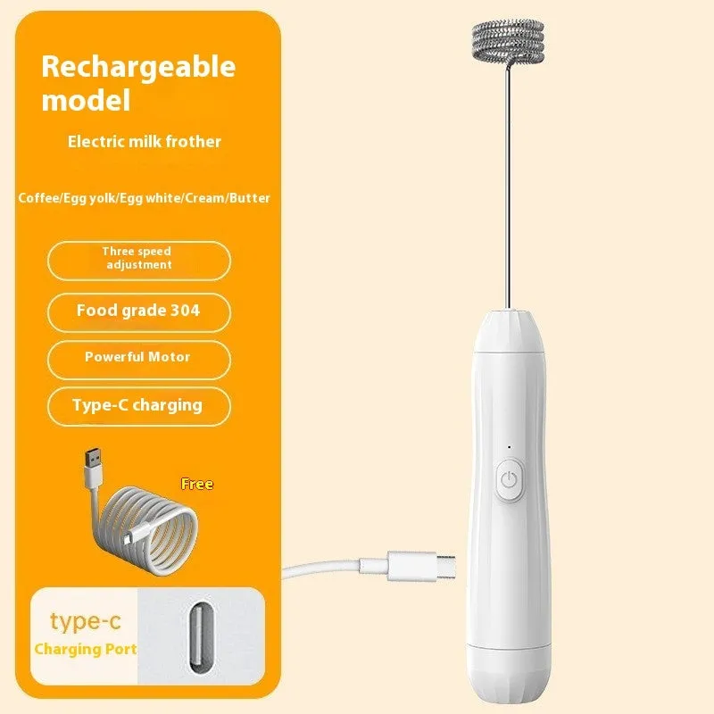 Mini handheld electric milk frother in black, white, or khaki colour with a stainless steel whisk and USB port.