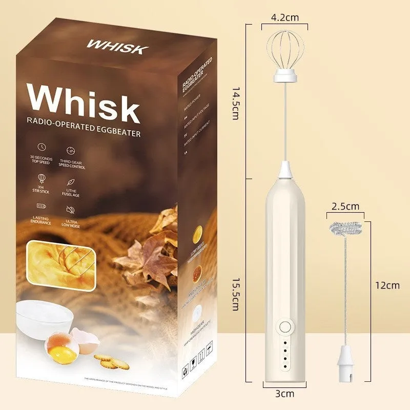 Mini handheld electric milk frother in black, white, or khaki colour with a stainless steel whisk and USB port.