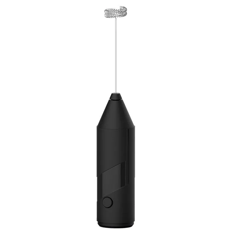 Mini handheld electric milk frother in black, white, or khaki colour with a stainless steel whisk and USB port.