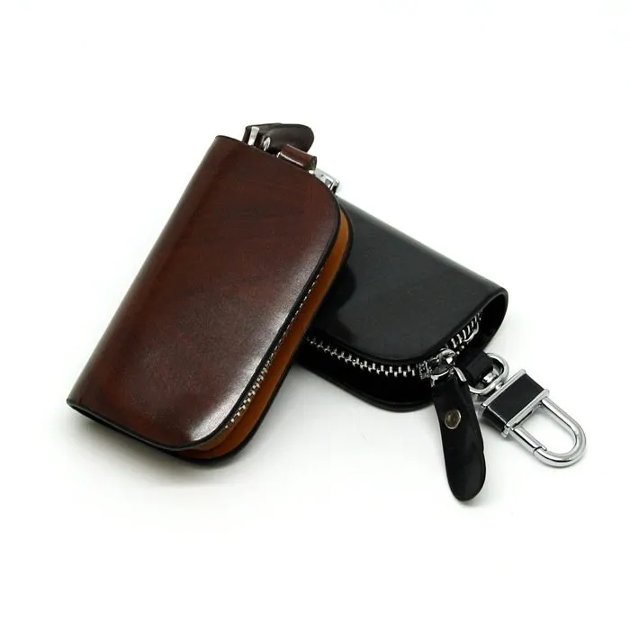 Genuine leather car key case with frosted finish and zipper closure