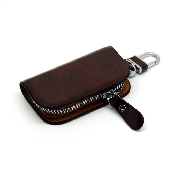 Genuine leather car key case with frosted finish and zipper closure