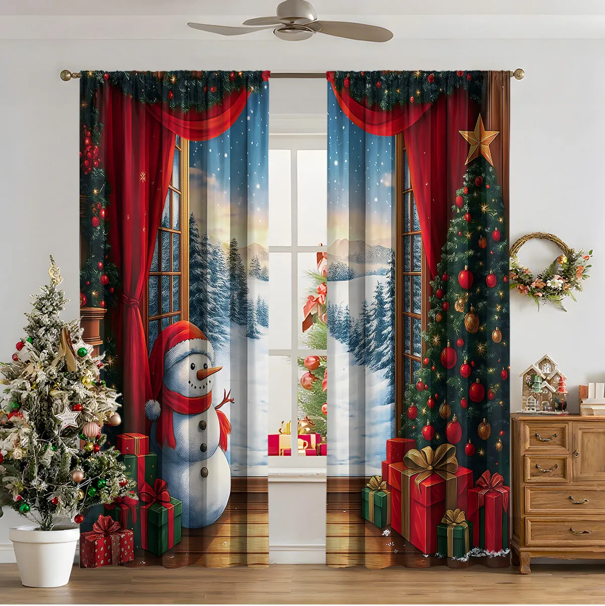 Pair of 3D digital printed Christmas curtains with a festive pattern on a window.