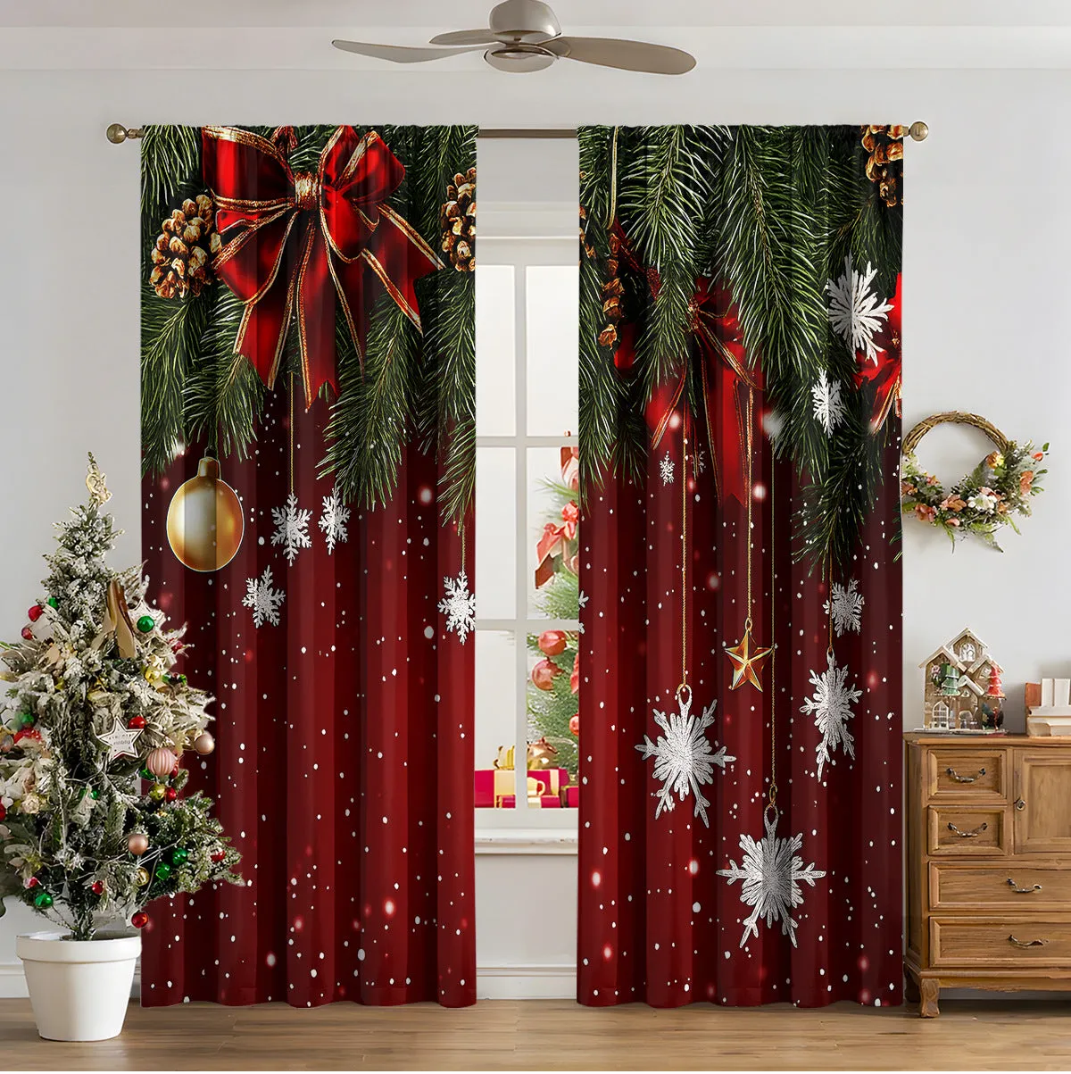 Pair of 3D digital printed Christmas curtains with a festive pattern on a window.