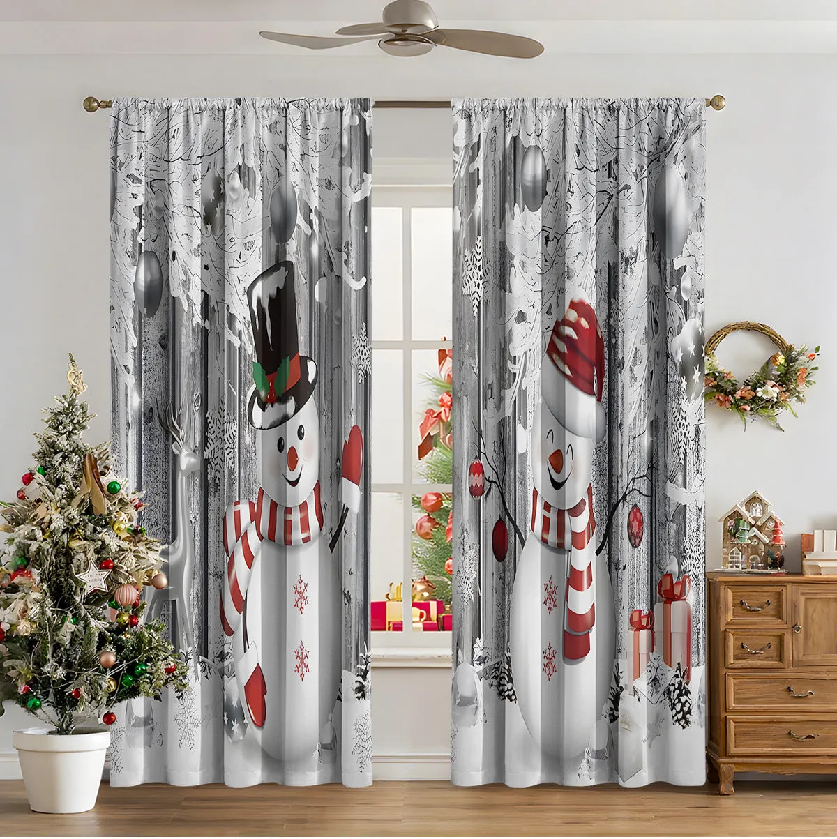 Pair of 3D digital printed Christmas curtains with a festive pattern on a window.