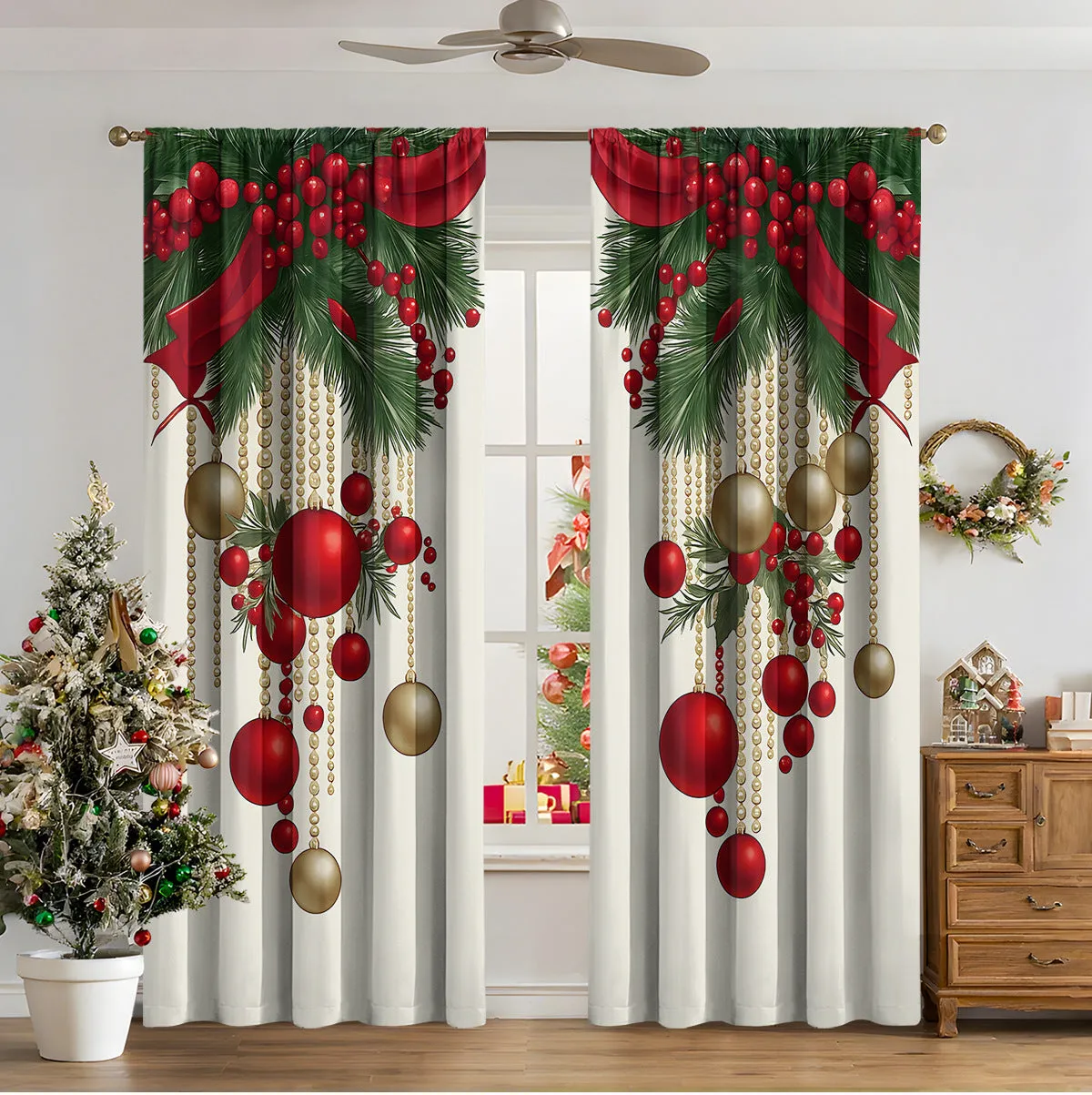 Pair of 3D digital printed Christmas curtains with a festive pattern on a window.