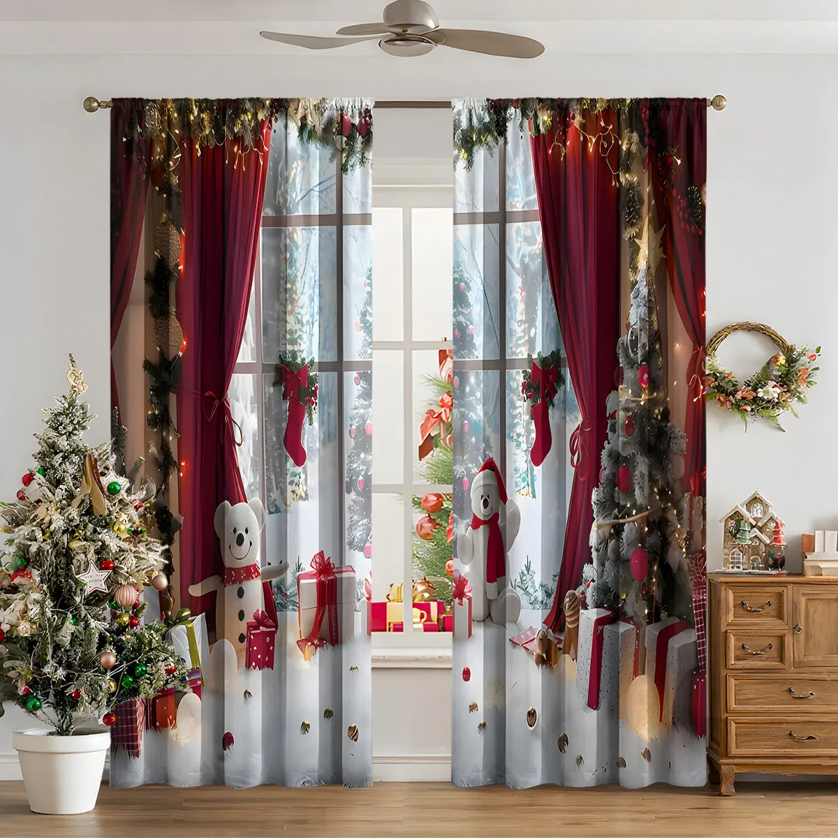 Pair of 3D digital printed Christmas curtains with a festive pattern on a window.