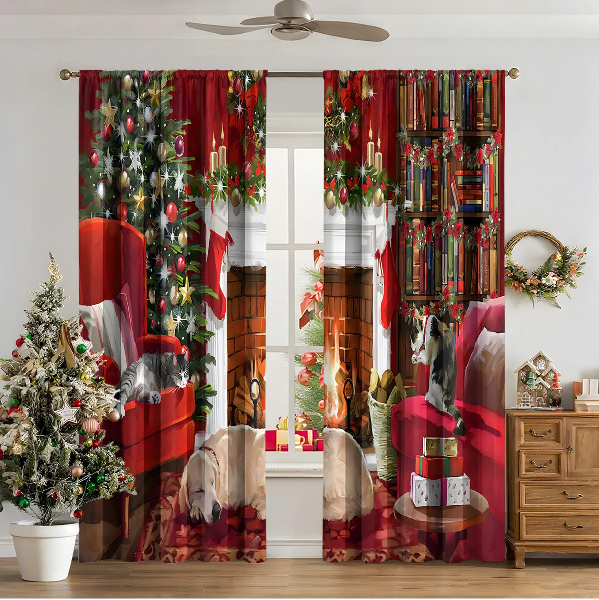 Pair of 3D digital printed Christmas curtains with a festive pattern on a window.