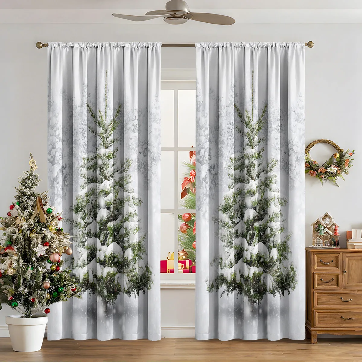 Pair of 3D digital printed Christmas curtains with a festive pattern on a window.