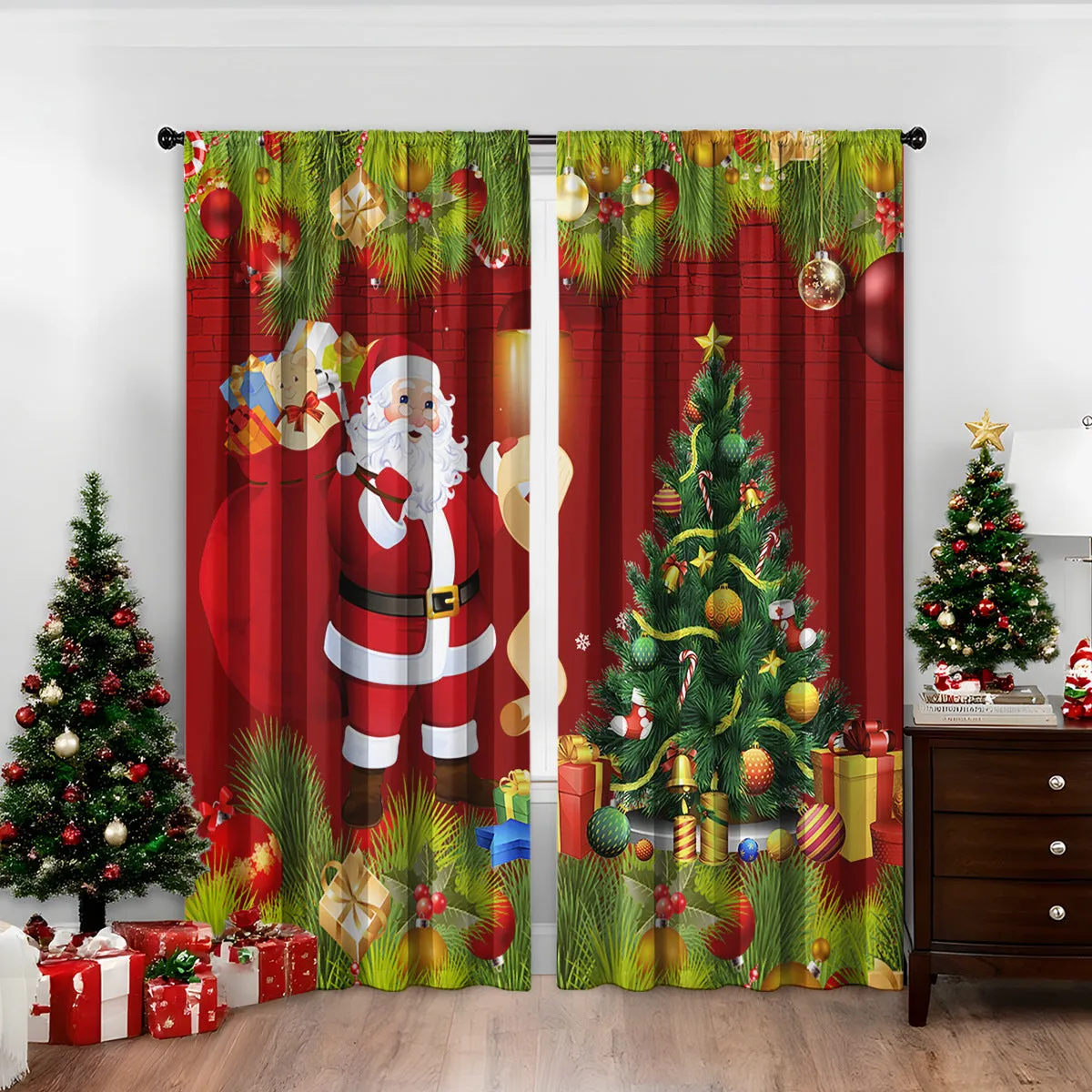Pair of 3D digital printed Christmas curtains with a festive pattern on a window.