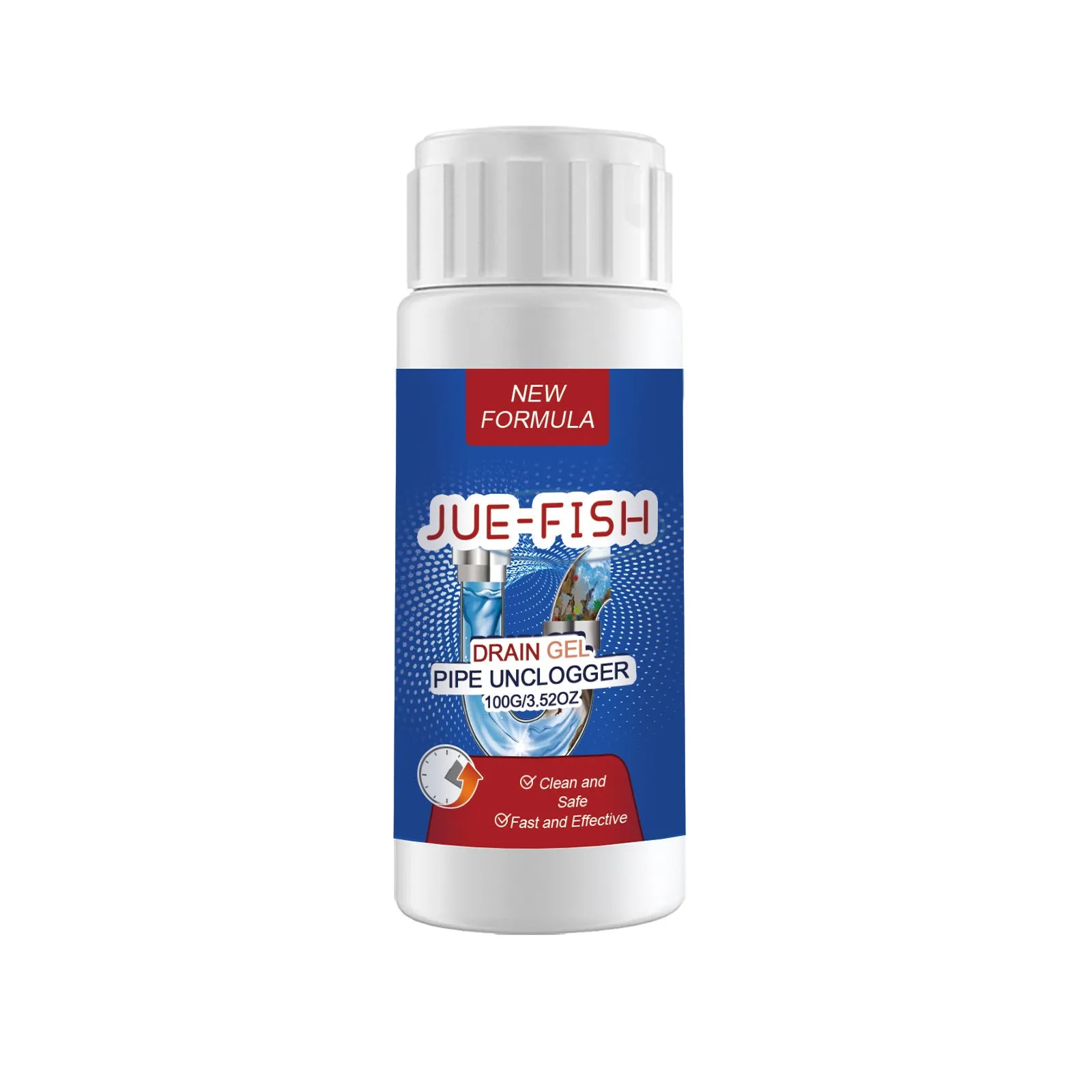 100g pipe dredge agent powder container for cleaning sewer and toilet drains.